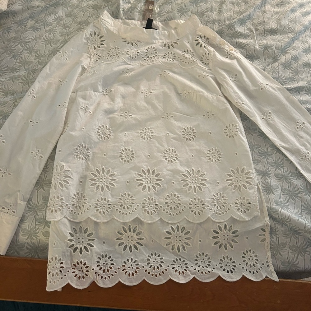 J.crew White Eyelet Lace Long Sleeve Top 00p NWT - Picture 3 of 11